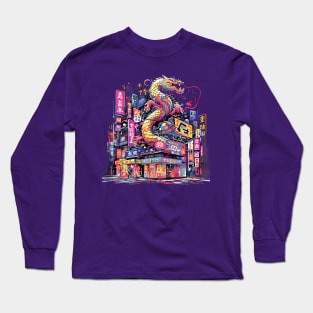 Colorful City Scene and a Dragon Long Sleeve T-Shirt